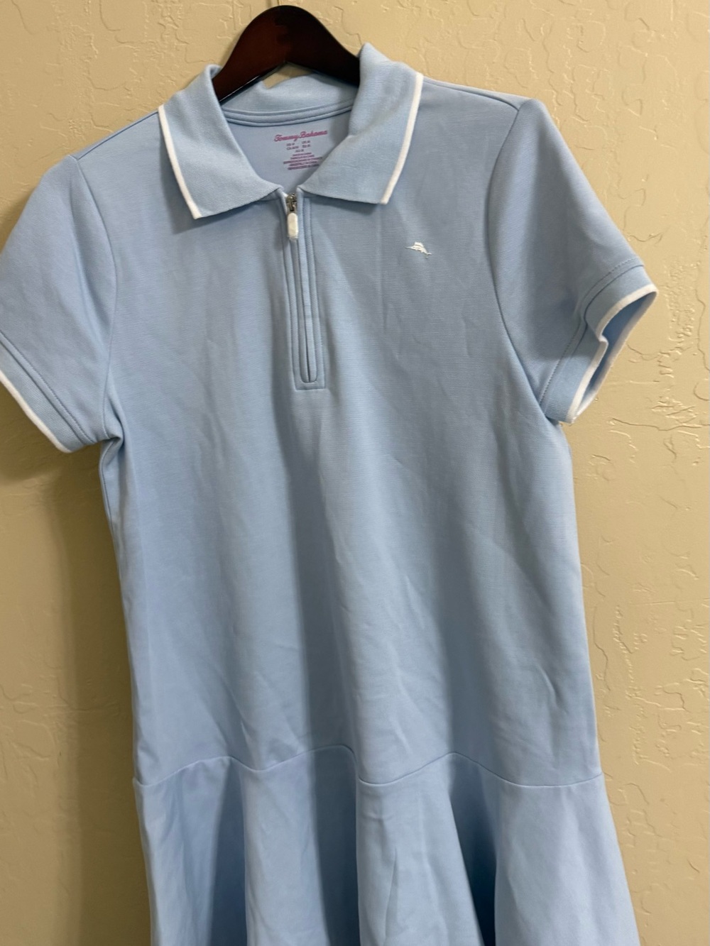 Tommy Bahama Light Blue Active Gold Tennis Polo Dress with White Trim